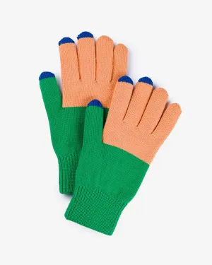 Touchscreen-Compatible Colorblock Gloves in Kelly Green and Peach