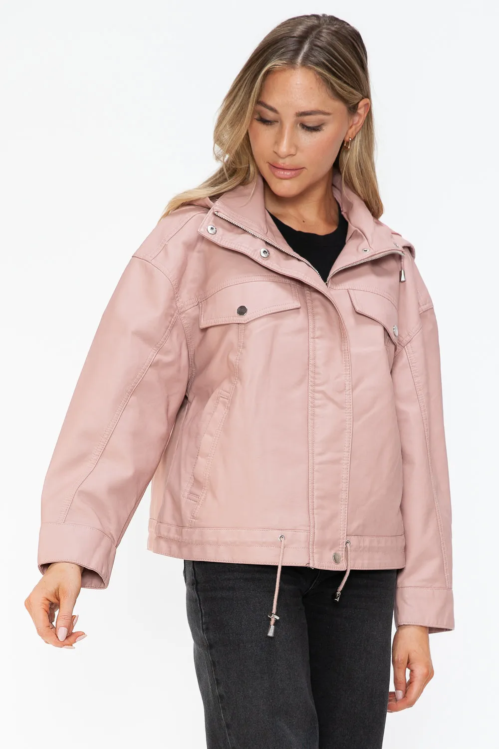 Drawstring Hem PU Leather Zip Up Jacket