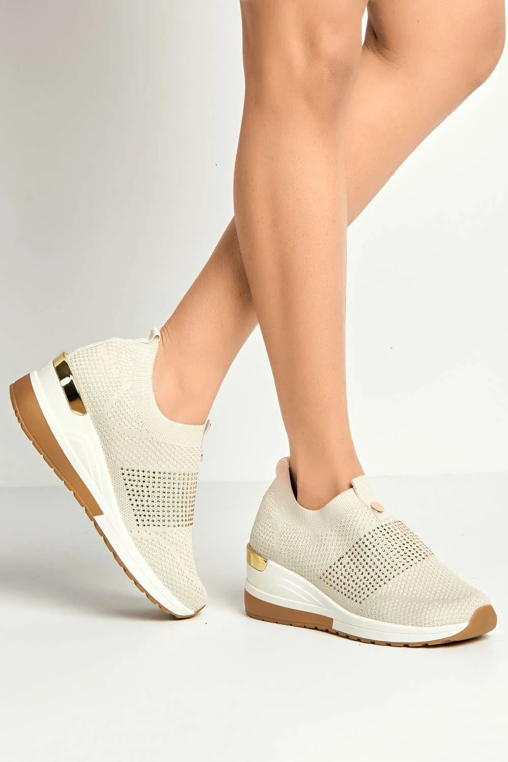 Ember Diamante Embellished Slip On Trainers in Beige