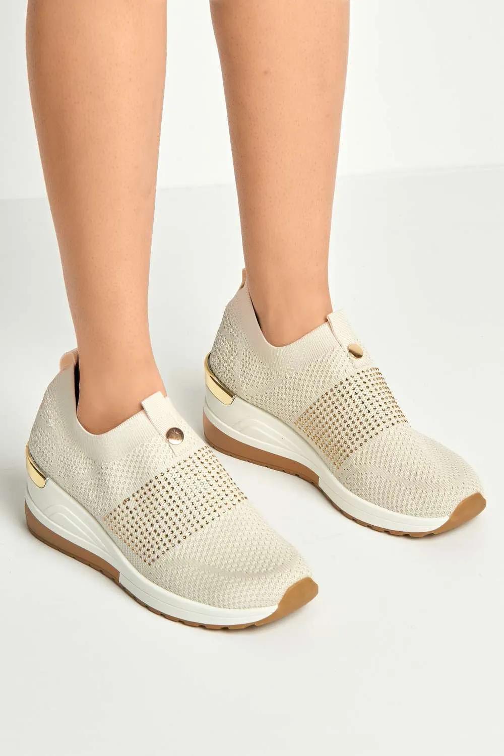 Ember Diamante Embellished Slip On Trainers in Beige