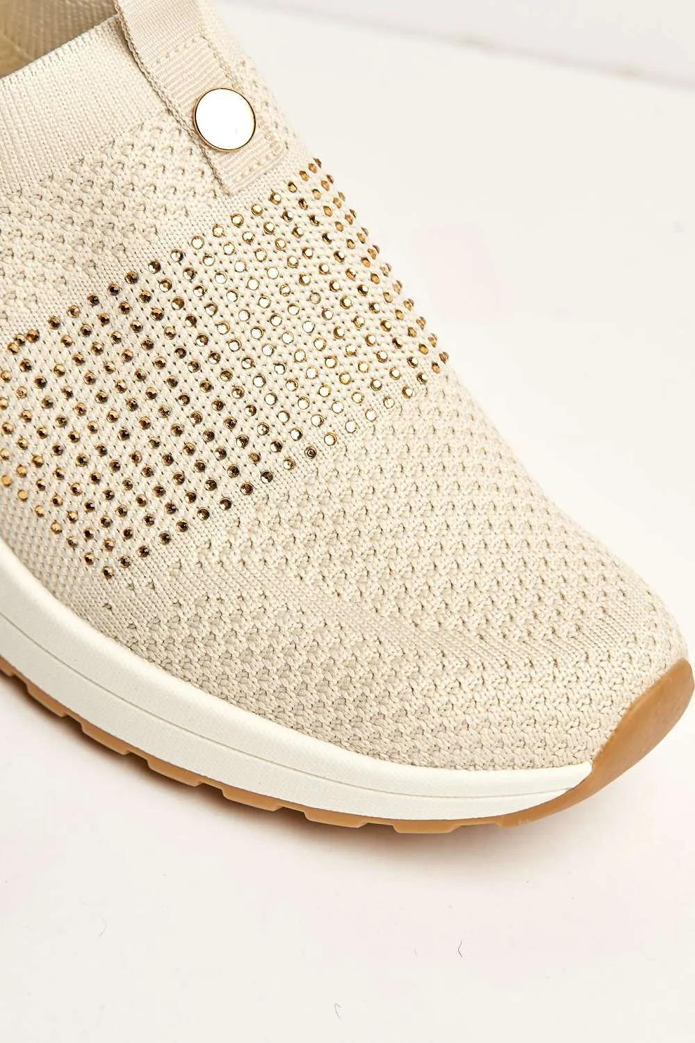 Ember Diamante Embellished Slip On Trainers in Beige