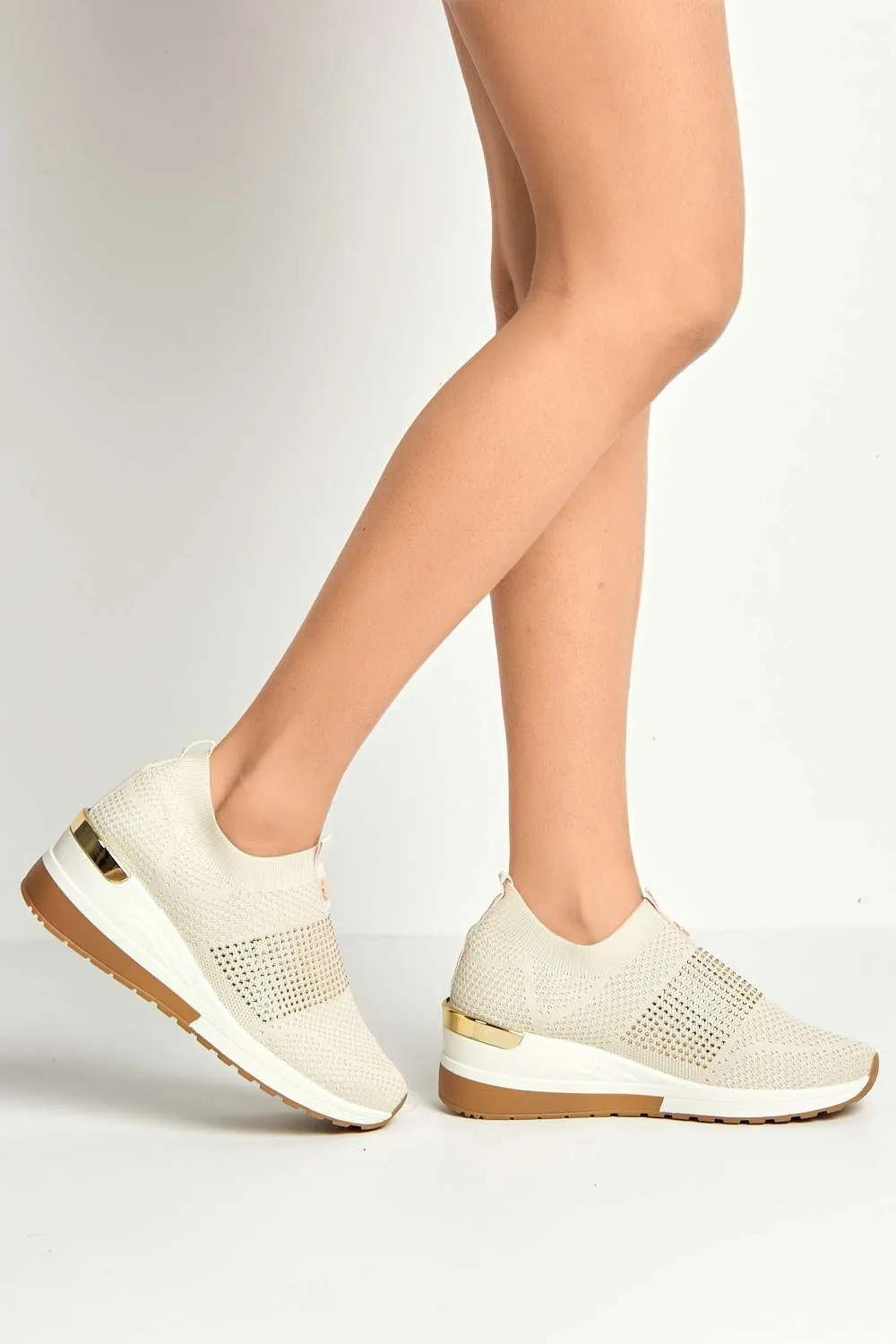 Ember Diamante Embellished Slip On Trainers in Beige