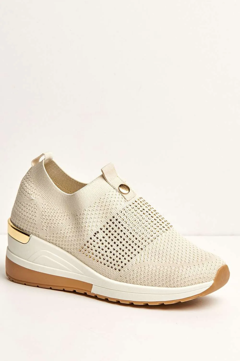 Ember Diamante Embellished Slip On Trainers in Beige