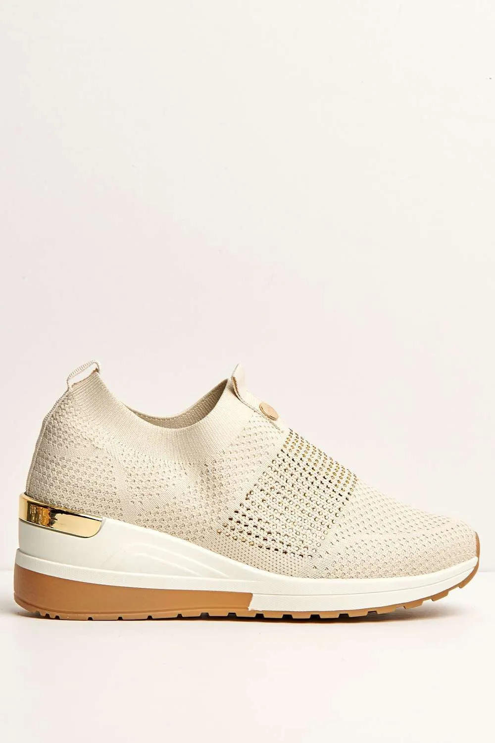 Ember Diamante Embellished Slip On Trainers in Beige