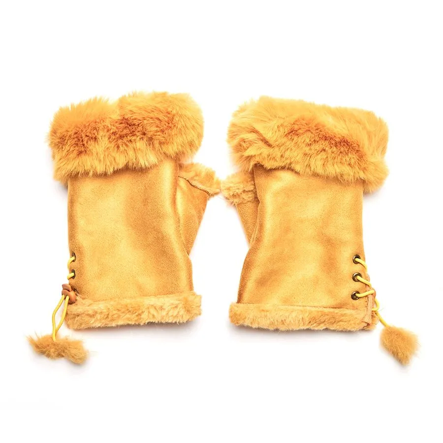 Faux Fur Fingerless Gloves - Mustard