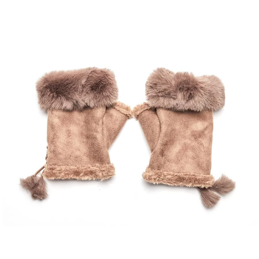 Faux Fur Fingerless Gloves - Tan