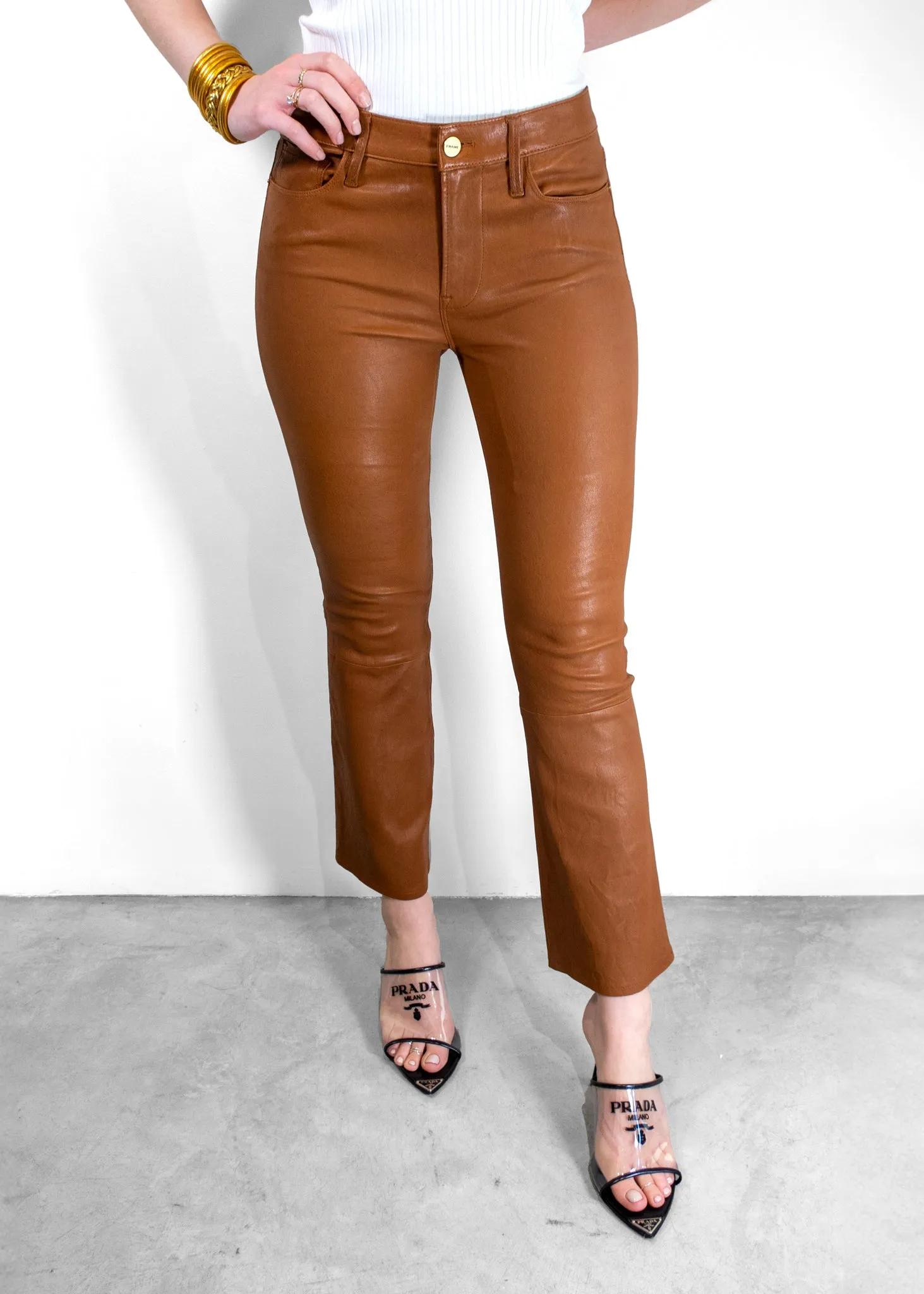 Frame Le Crop Mini Boot-Cut Tobacco Leather Pants