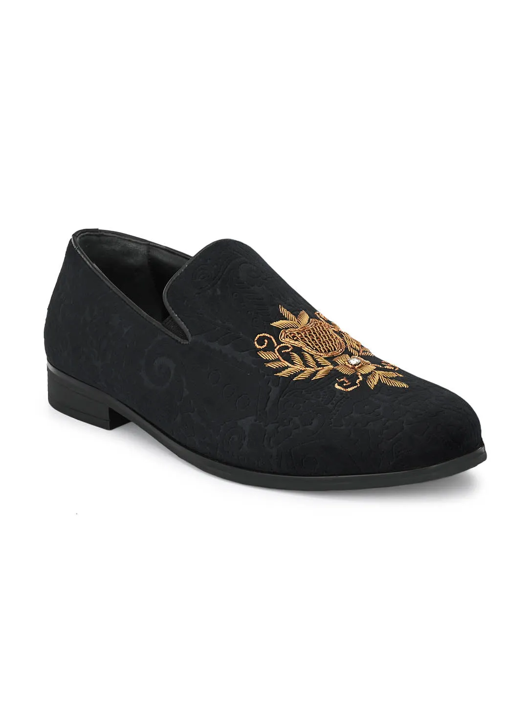 Hitz Men's Black Slip-On Ethnic Embroidery Shoes