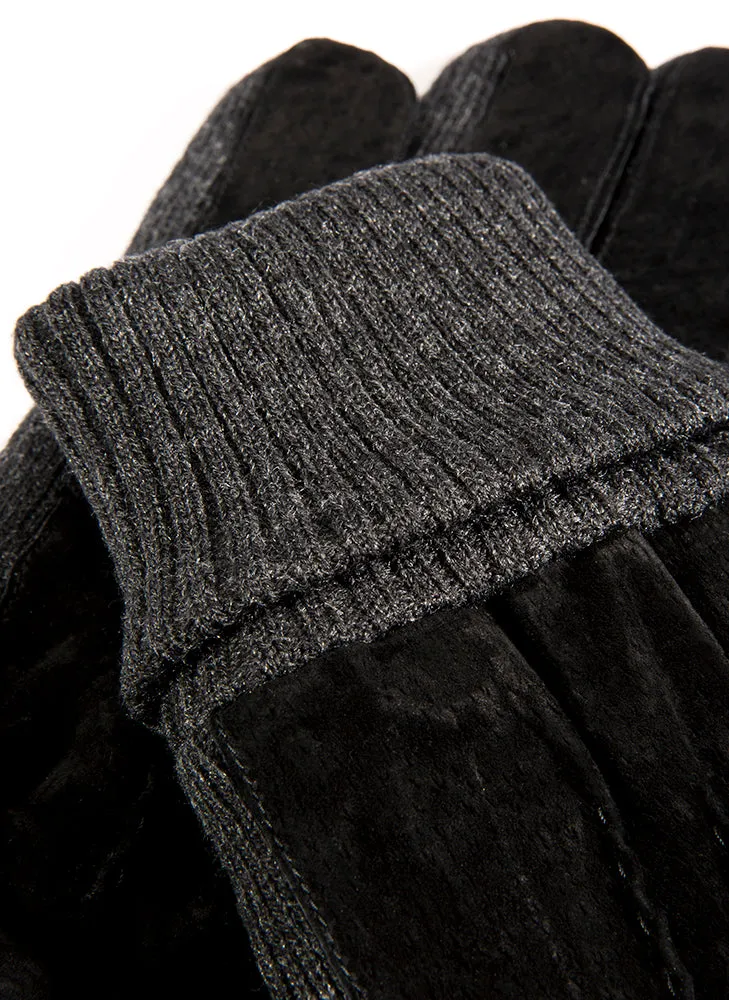 Men's Three-Point Fleece-Lined Suede Gloves with Knitted Cuffs