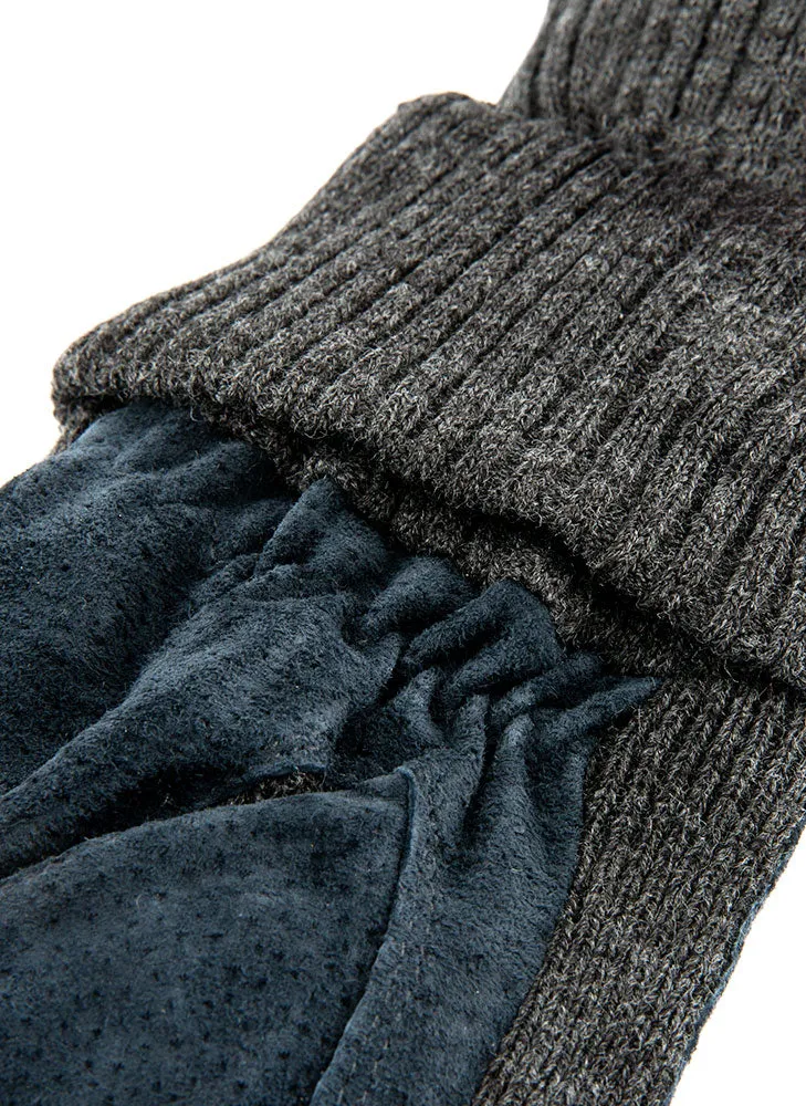 Men's Three-Point Fleece-Lined Suede Gloves with Knitted Cuffs