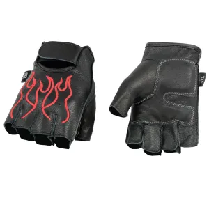 Milwaukee Leather SH198 Men's Black Leather Gel Padded Palm Fingerless Motorcycle Hand Gloves W/ ‘Red Flame Embroidered’