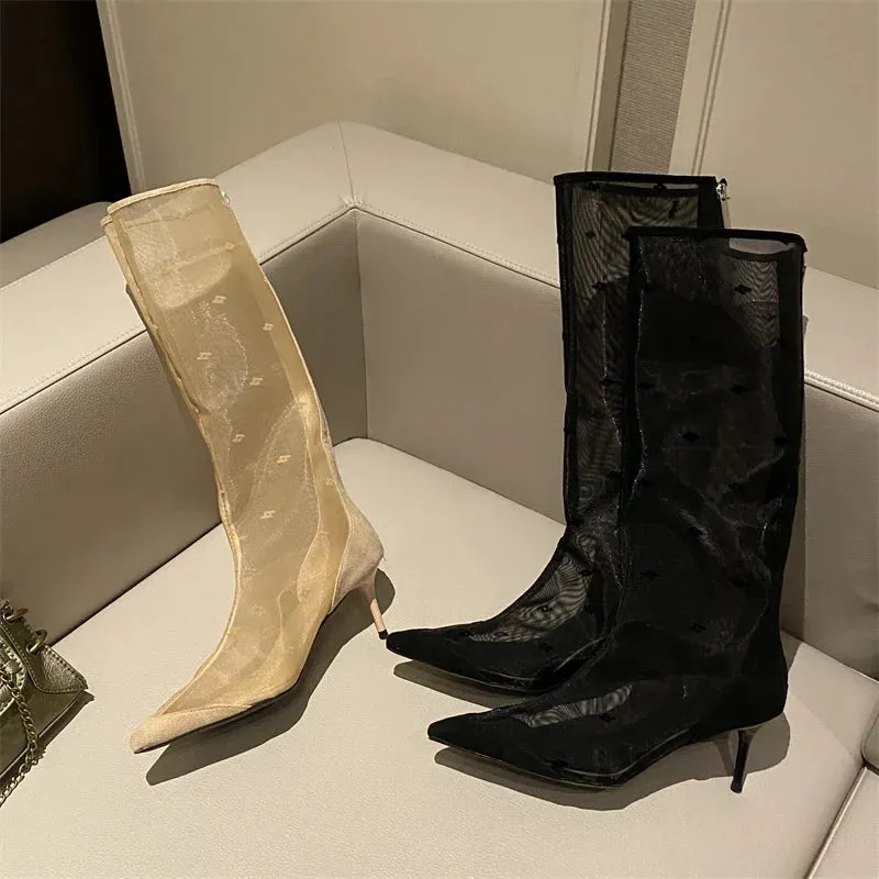 Pre Order:  Mesh Knee-High Thin Heels Pointed Toe Boots