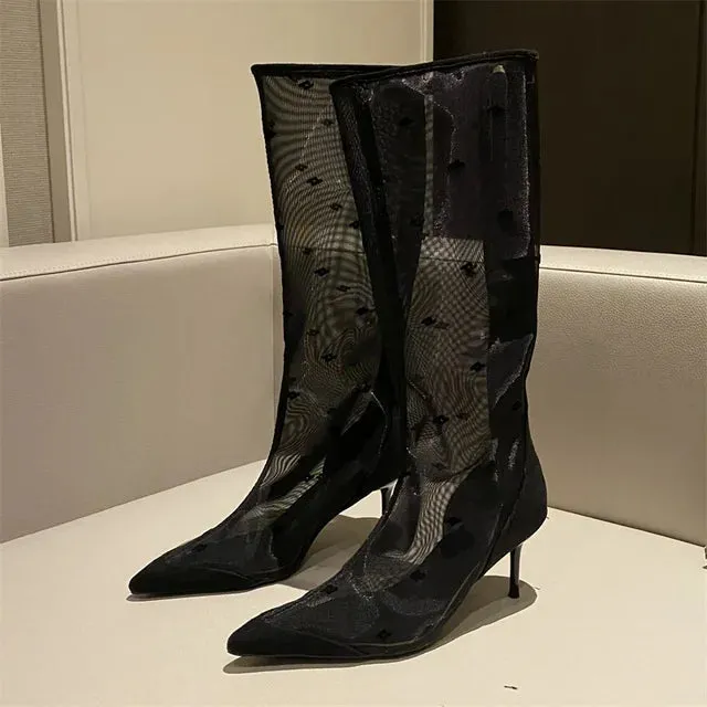 Pre Order:  Mesh Knee-High Thin Heels Pointed Toe Boots