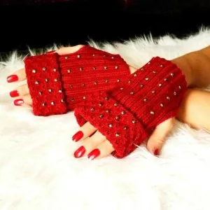 Rhinestone Fingerless Mittens Burgundy