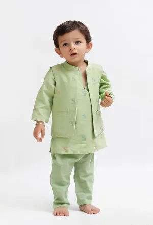 Set Of 3:  Green Dobby Kurta and Green Pant with Green Dobby Nehru Jacket