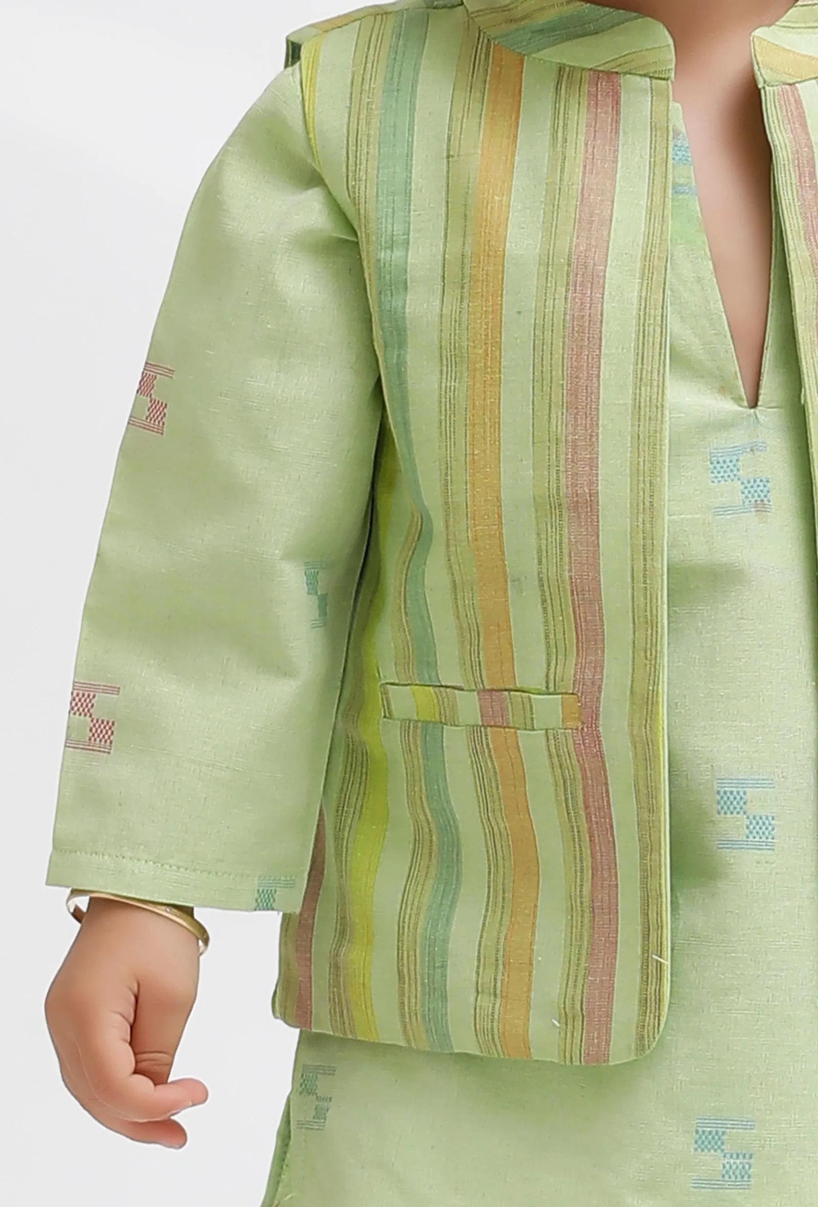 Set Of 3:  Green Dobby Kurta and Green Pant with Green Striped Nehru Jacket