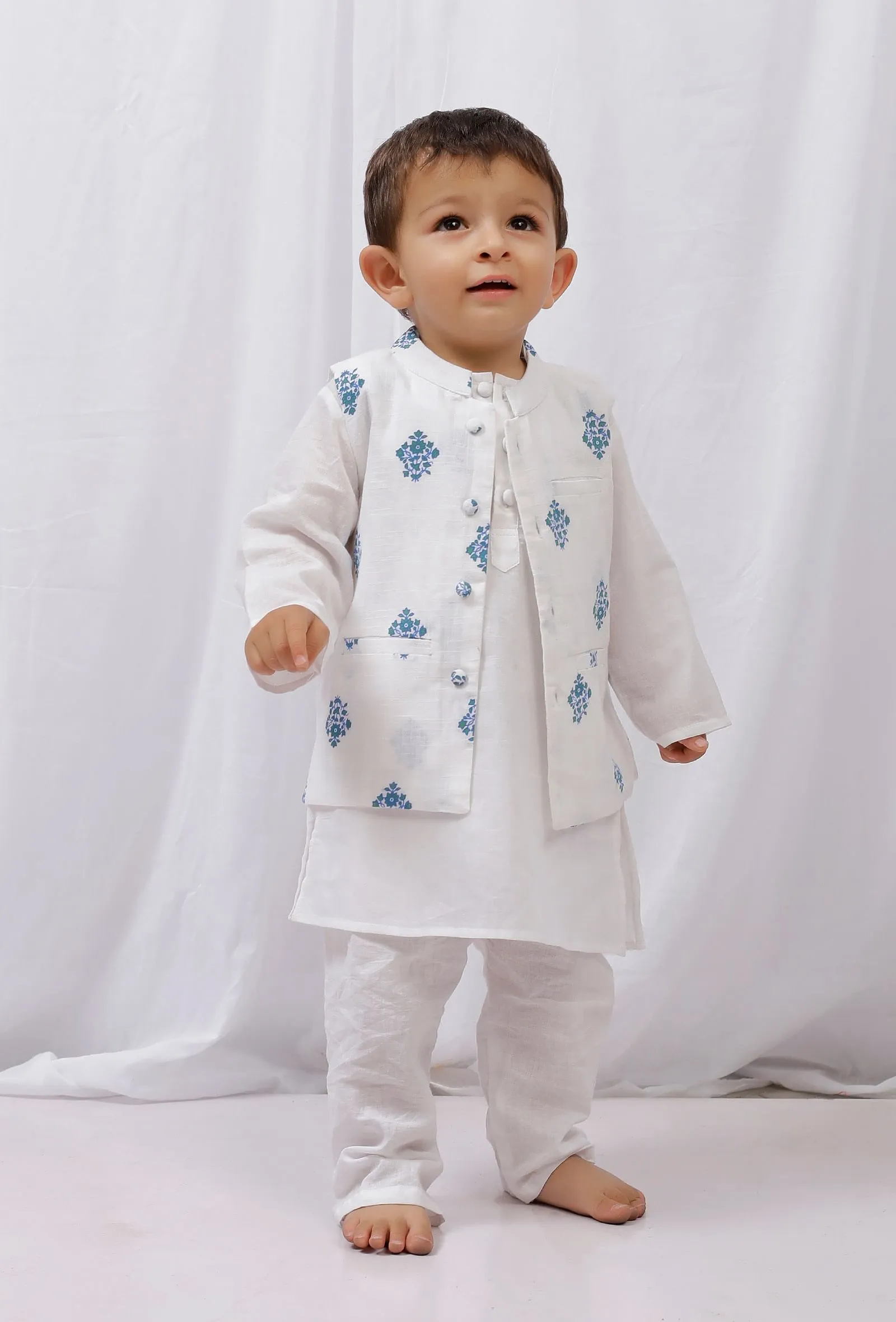 Set of 3: White Cotton Kurta and Pajama with Blue Block Printed Nehru Jacket