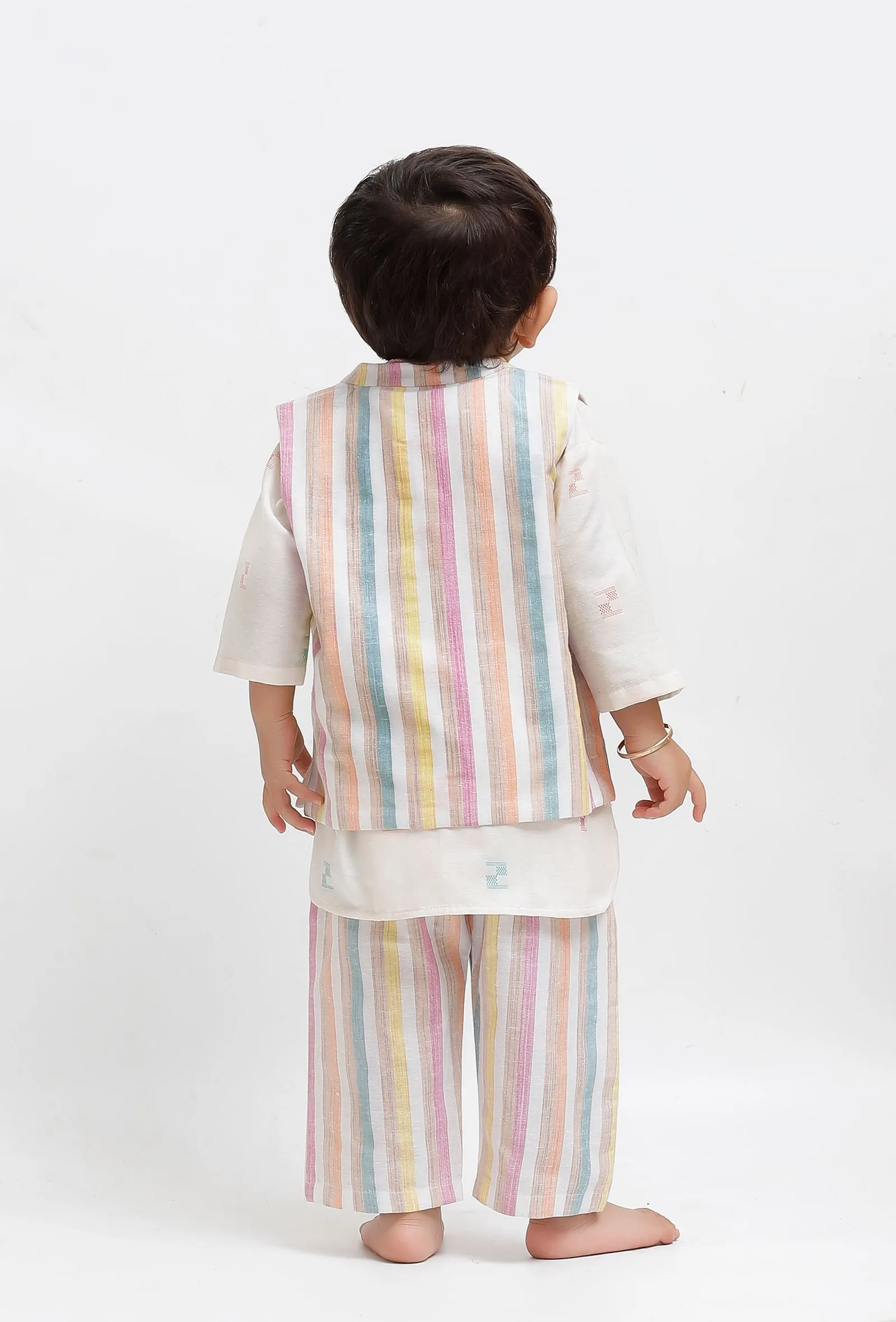 Set Of 3:  White Dobby Kurta and White Striped Pant with White Striped Nehru Jacket