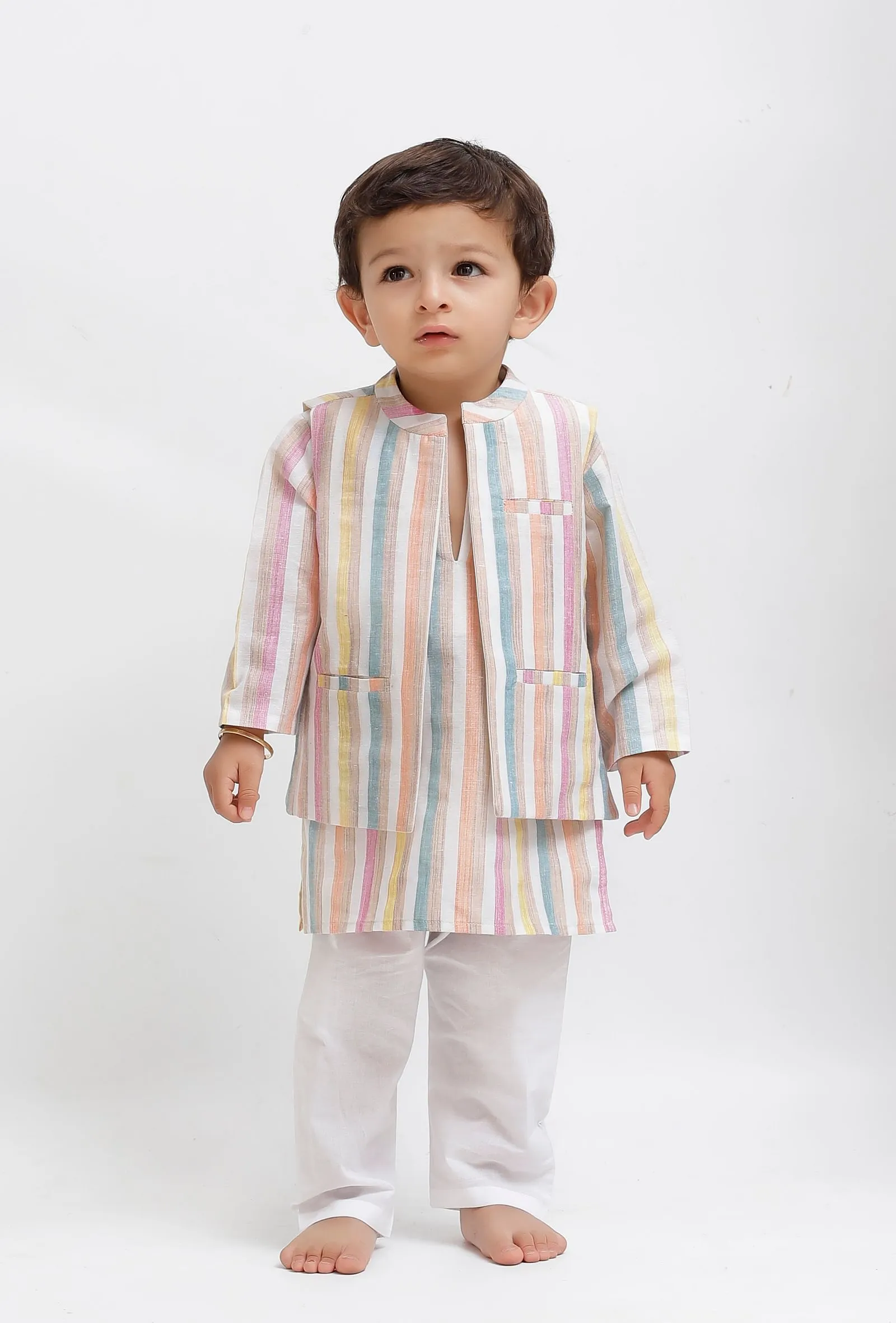 Set Of 3:  White Striped Kurta and White Pant with White Striped Nehru Jacket