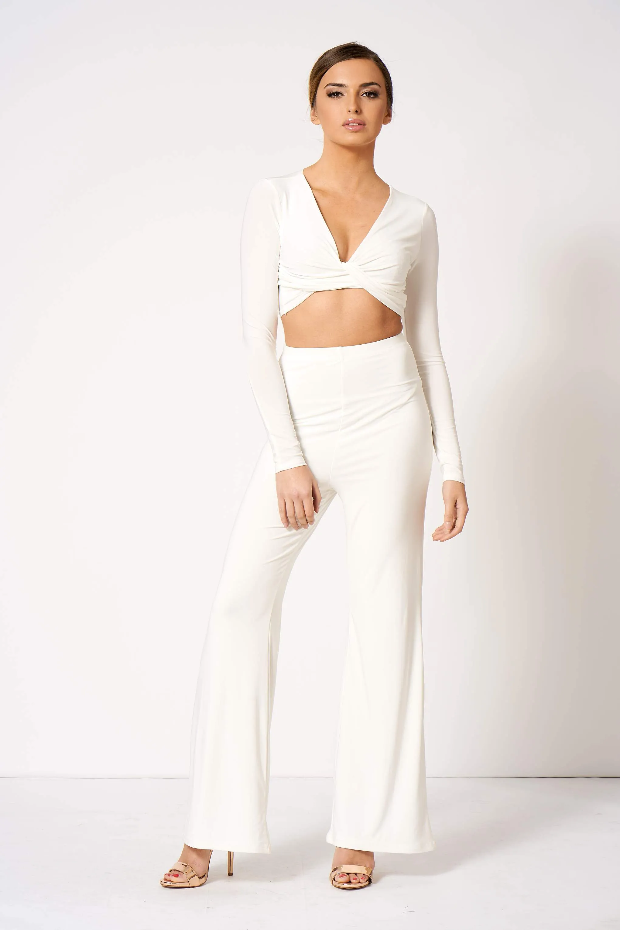 White Slinky High Waisted Flared Trousers