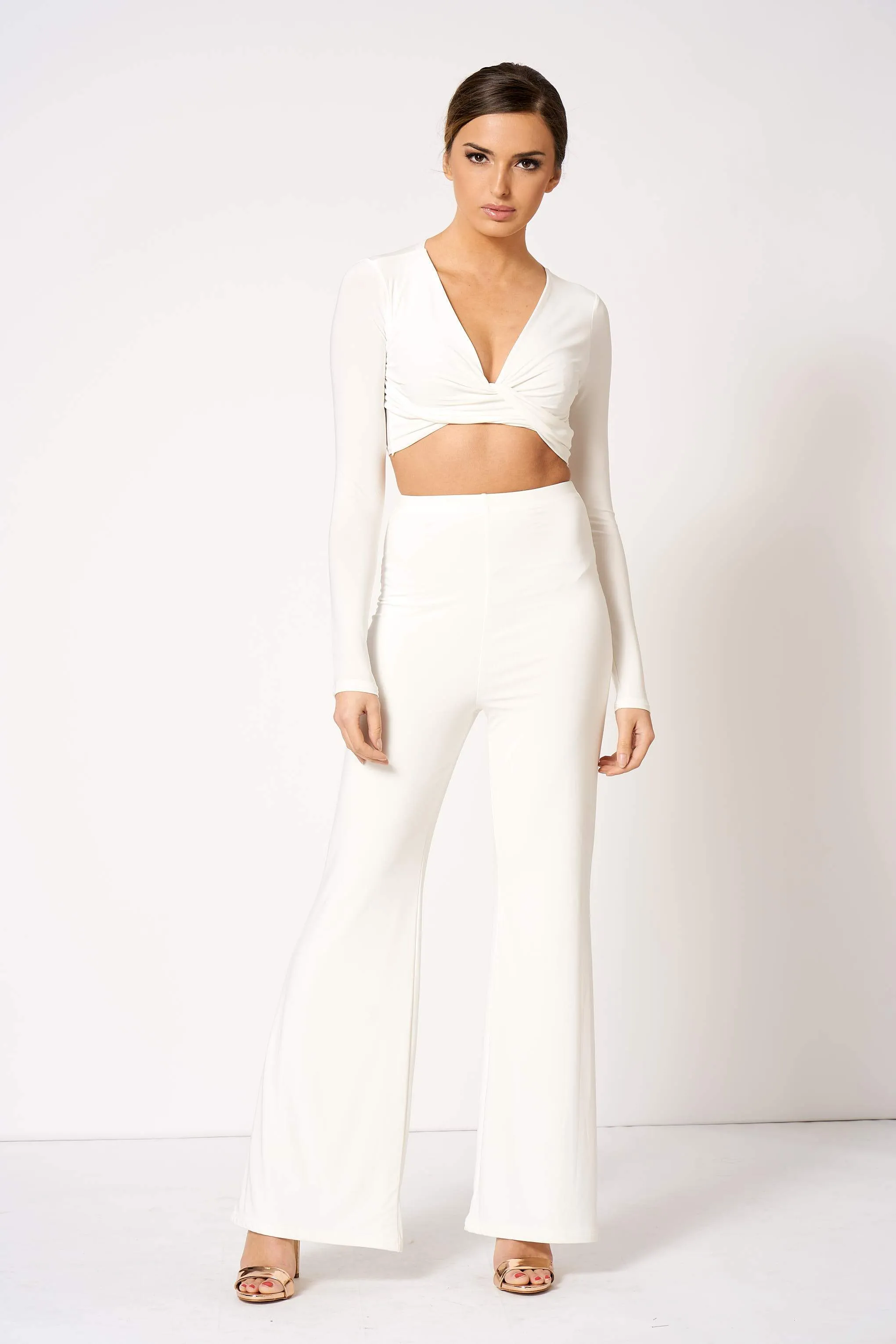 White Slinky High Waisted Flared Trousers