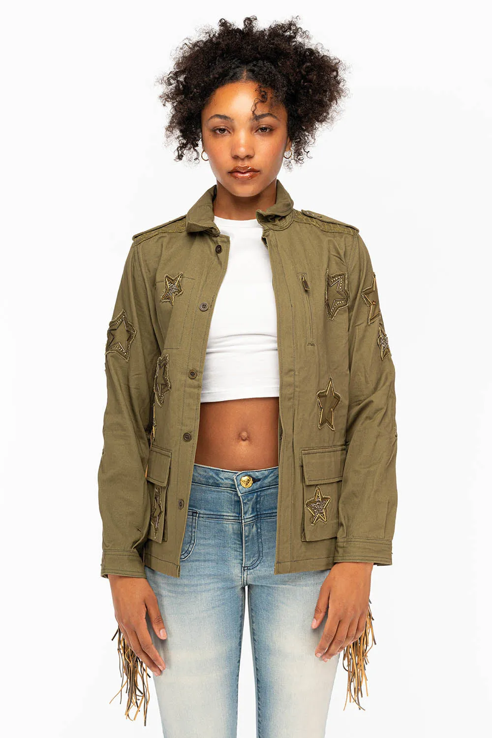 WOMENS FRINGE JACKET WITH PATCHES IN MILITARY GREEN