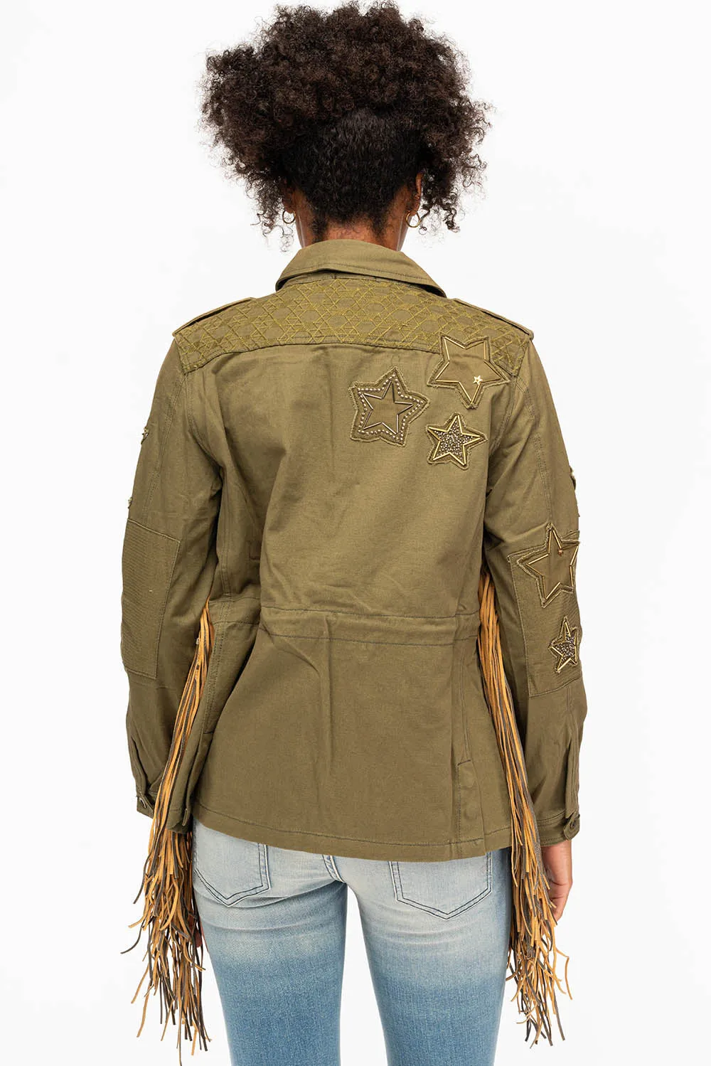 WOMENS FRINGE JACKET WITH PATCHES IN MILITARY GREEN