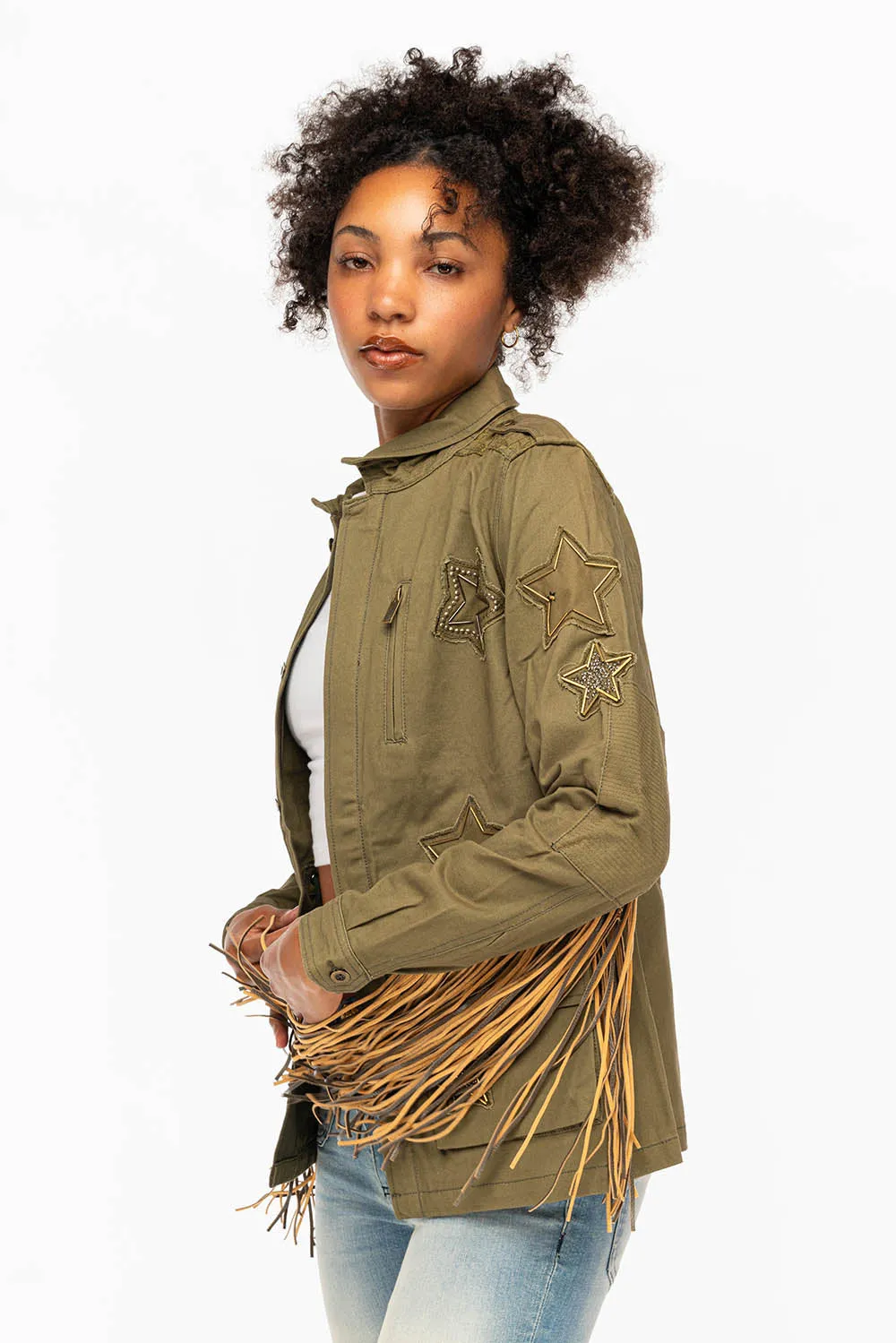 WOMENS FRINGE JACKET WITH PATCHES IN MILITARY GREEN