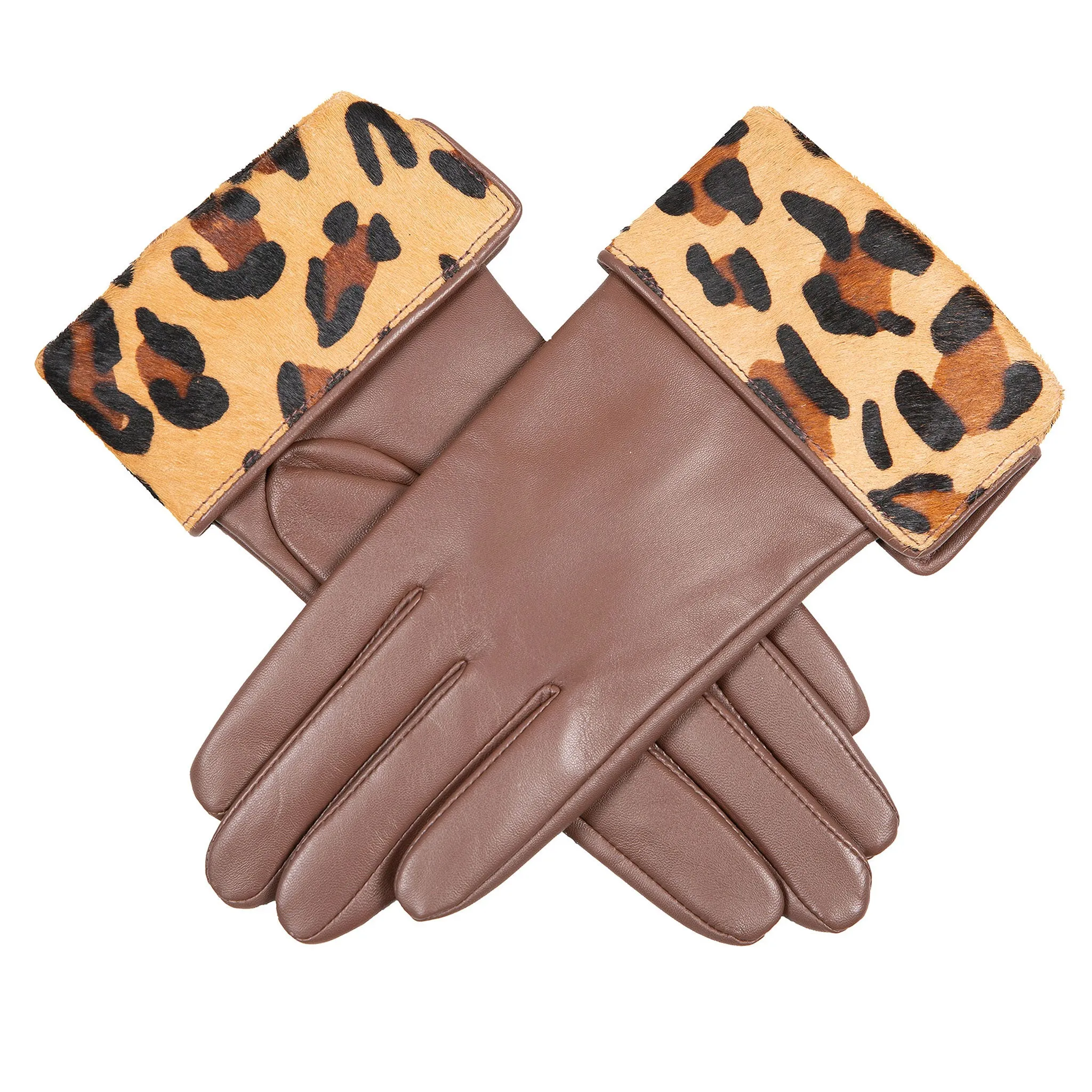 Women’s Lined Leather Gloves with Ponyskin Leopard Print Cuffs