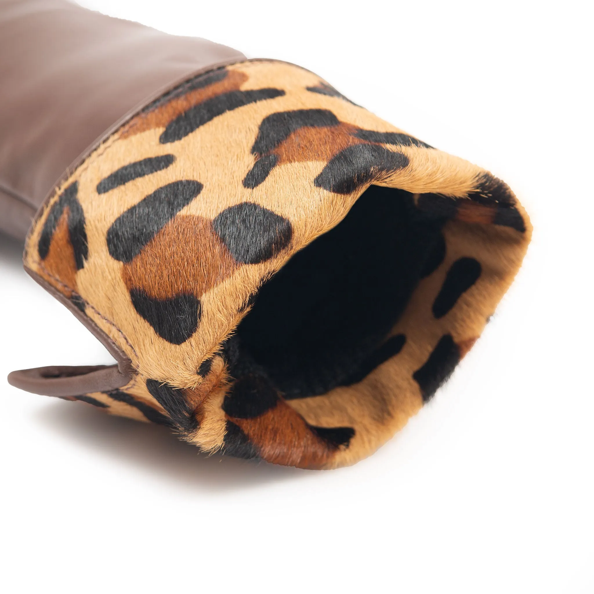 Women’s Lined Leather Gloves with Ponyskin Leopard Print Cuffs