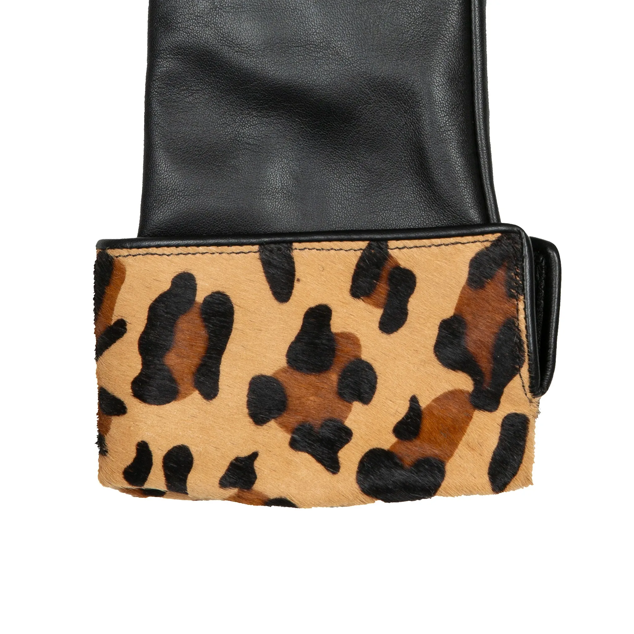 Women’s Lined Leather Gloves with Ponyskin Leopard Print Cuffs