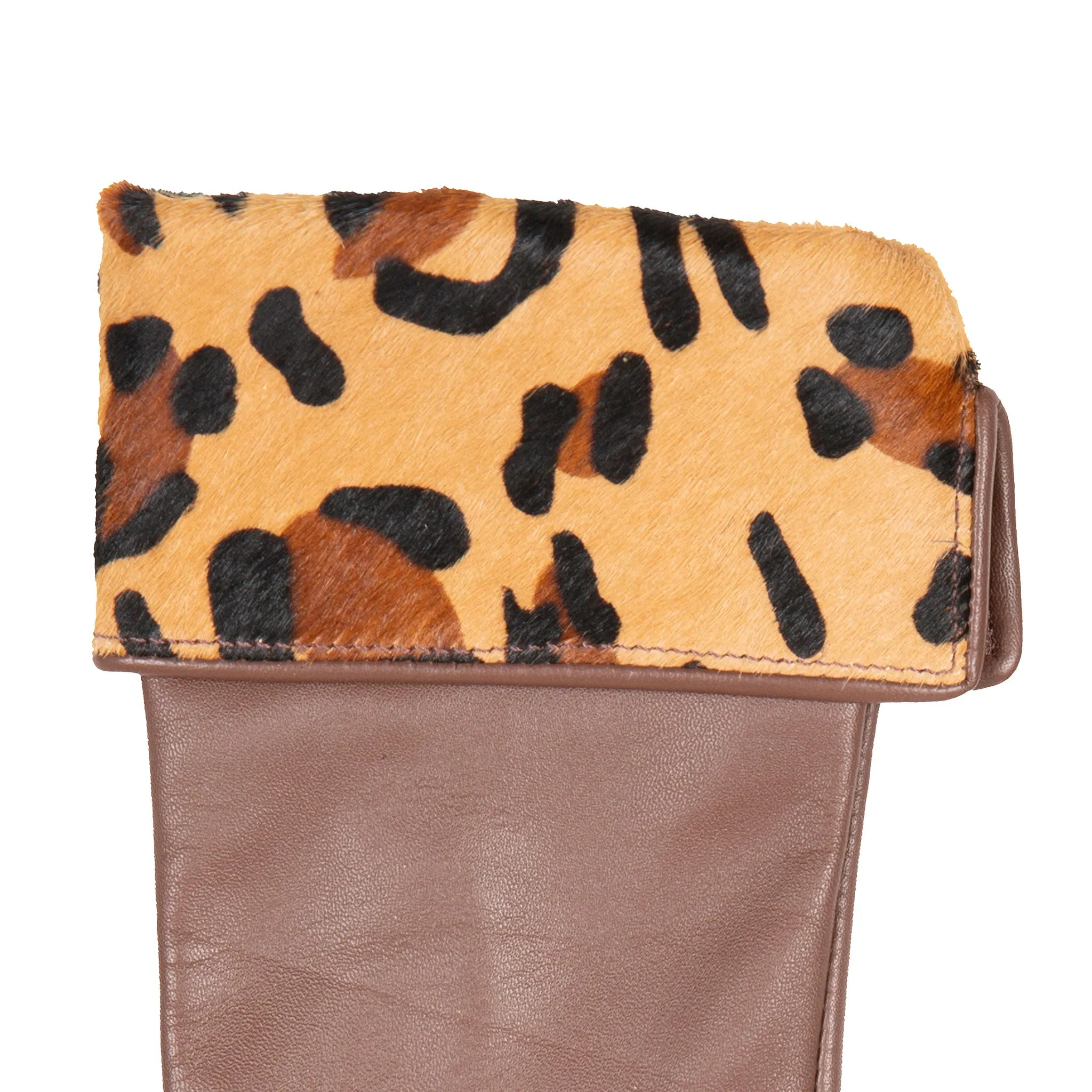 Women’s Lined Leather Gloves with Ponyskin Leopard Print Cuffs