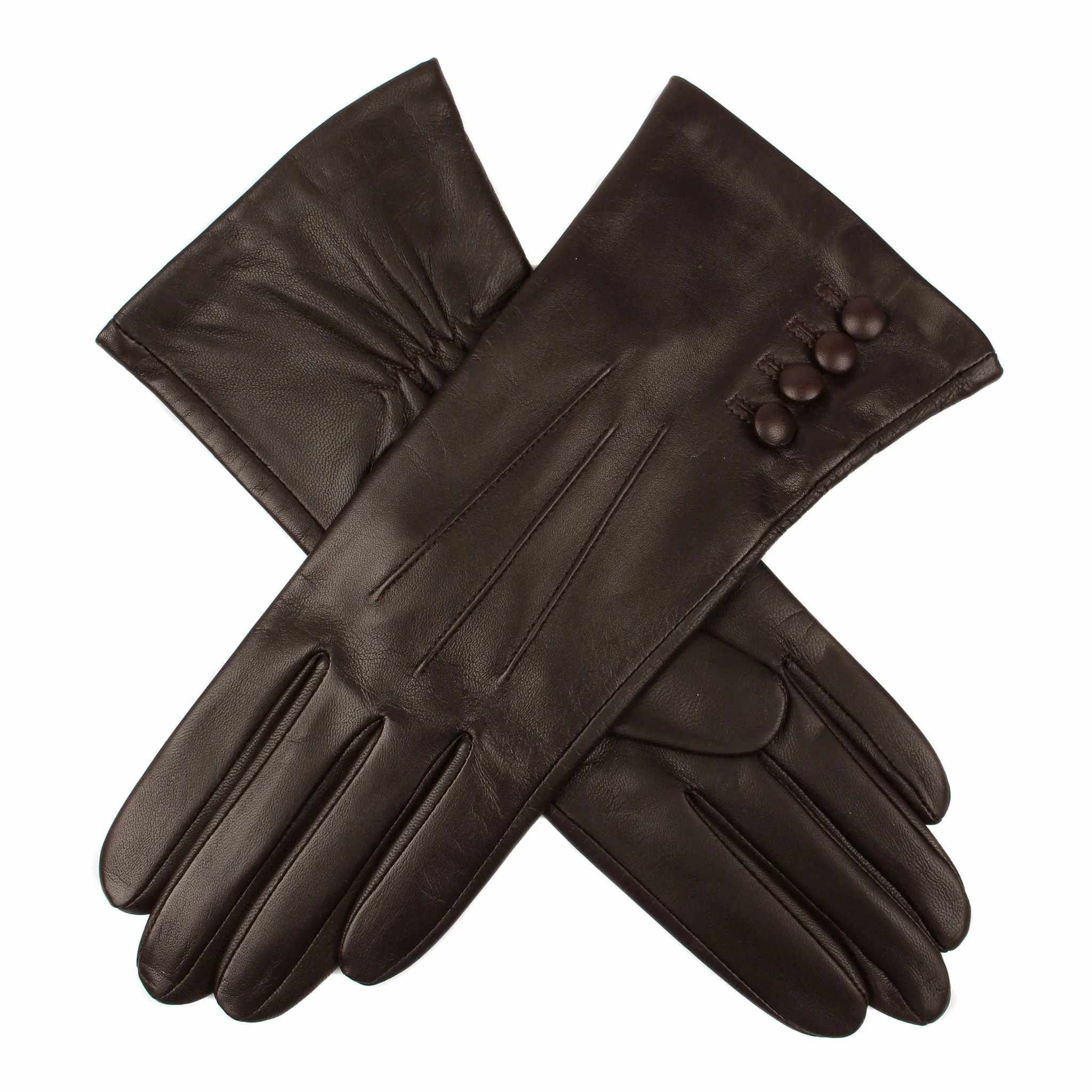 Women's Touchscreen Three-Point Silk-Lined Leather Gloves with Buttons